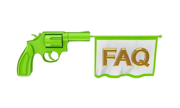 Grüner Revolver und weiße Fahne mit goldenem Wort faq. — Stockfoto