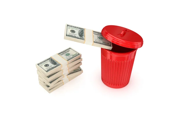 Paquetes de dólares en una papelera de reciclaje roja . —  Fotos de Stock