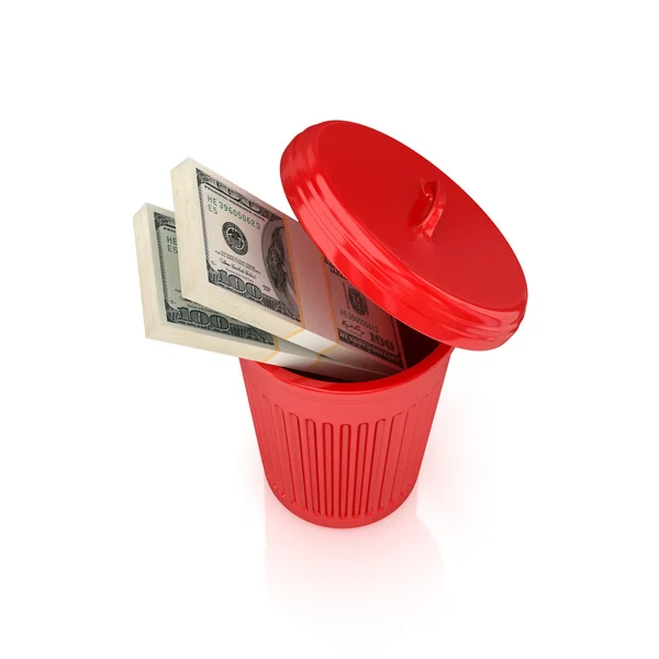 Pacotes de dólar em uma lixeira vermelha . — Fotografia de Stock