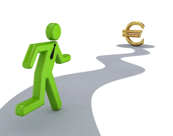 3D μικρός άνθρωπος που τρέχει σε ένα σημάδι ευρώ. — Φωτογραφία Αρχείου