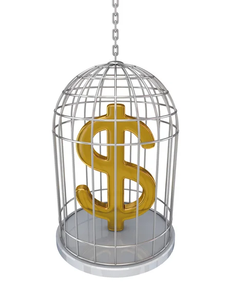 Golden dollar sign in vintage birdcage. — Stock Photo, Image