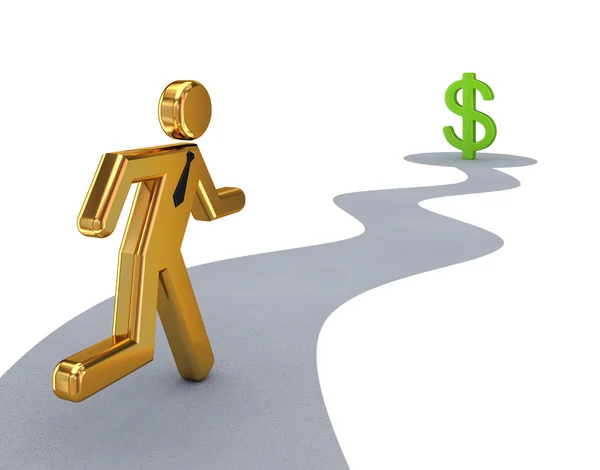 Gouden 3d kleine persoon loopt tot dollarteken. — Stockfoto
