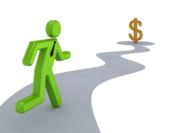 3d small person running to dollar sign. — Stock Photo, Image