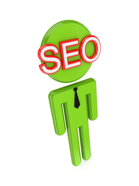 3d small person with a red word SEO on a face. — Stock Photo, Image