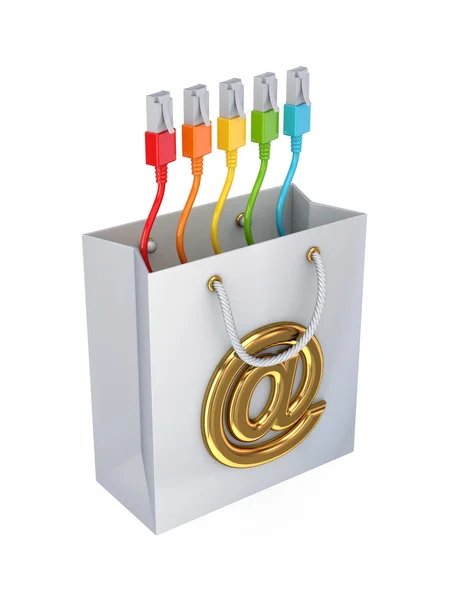 Plastic packet with colorful patchcords and golden query sign. — Stock Photo, Image