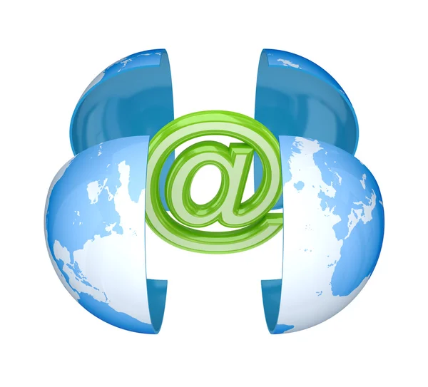 Země a symbol zelené e-mail. — Stock fotografie