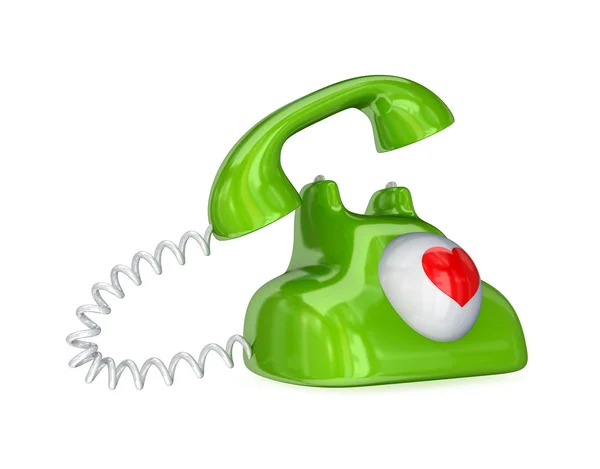 Green vintage telephone with a red heart. — Stock Photo, Image