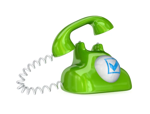 青いチェック マークが付いた緑のビンテージ電話. — ストック写真