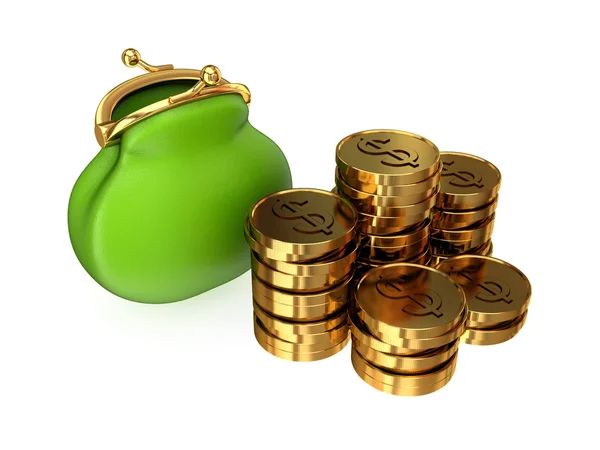 Зеленый кошелек и золотые монеты . — стоковое фото
