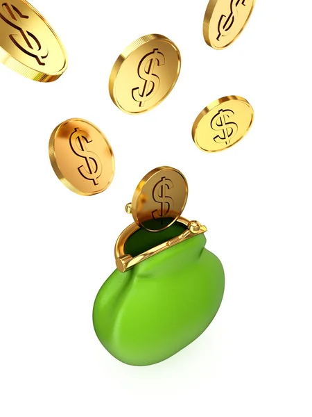 Grüne Geldbörse und goldene Münzen. — Stockfoto