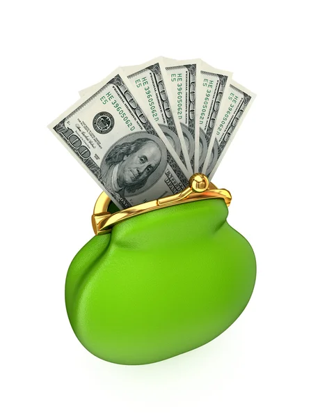 Paquete de dólar en un bolso verde . — Foto de Stock