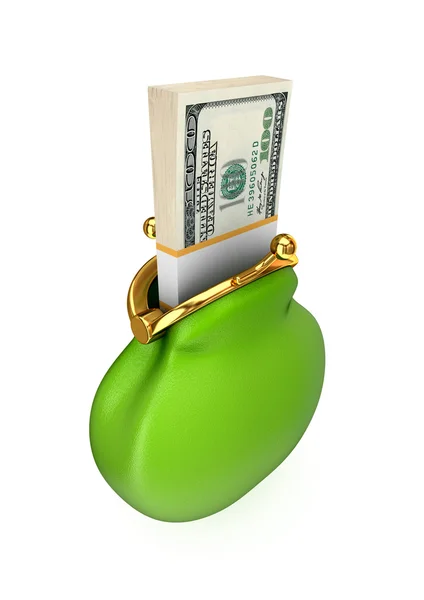 Paquete de dólar en un bolso verde . — Foto de Stock