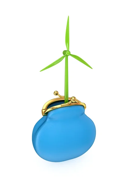 Groene windmolen in een blauwe portemonnee. — Stockfoto