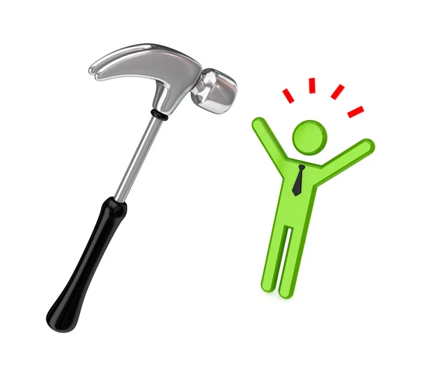 Big chromed hammer and stressed 3d small person. — Stock Photo, Image