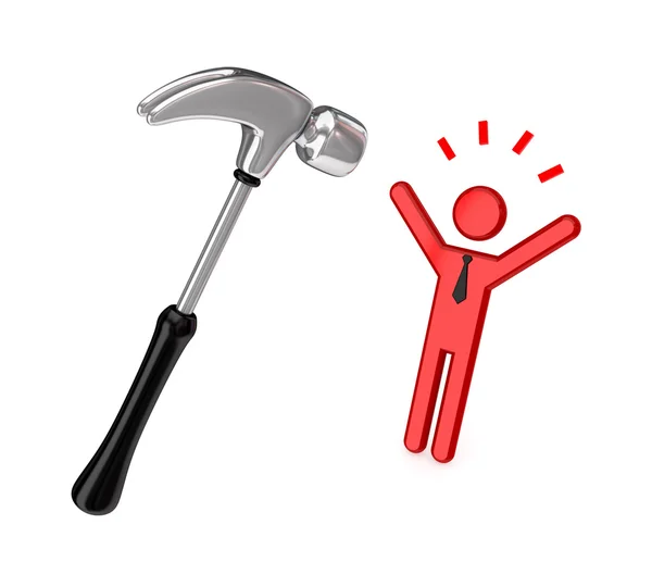 Big chromed hammer and stressed 3d small person. — Stock Photo, Image