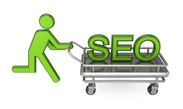 3d small person with a pushcart and big word SEO. — Stock Photo, Image
