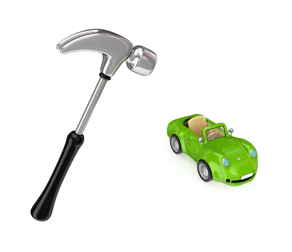 Chromed hammer and small green car. — Stock Photo, Image