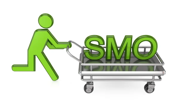 3d small person with a pushcart and big word SMO. — Stock Photo, Image