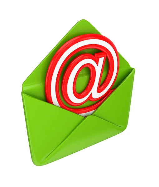 Зелений конверт і червоний знак електронної пошти . — стокове фото