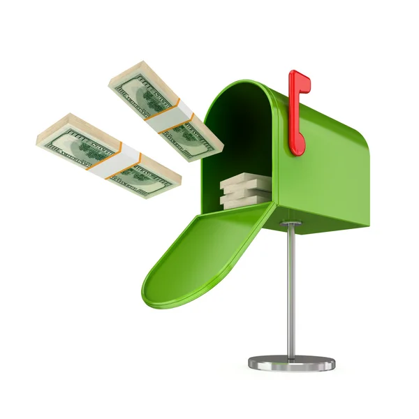 Geopend van groene postbox en vliegende dollar packs. — Stockfoto