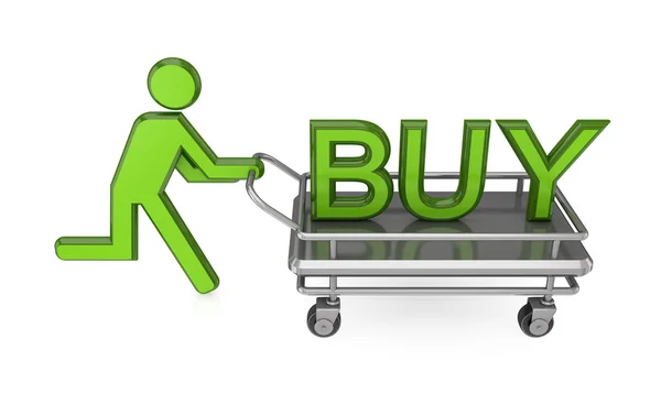 3d small person with a pushcart and big word BUY. — Stock Photo, Image