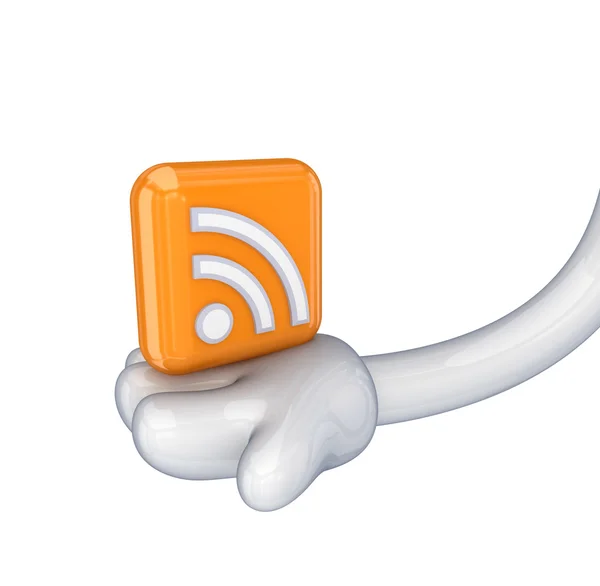 Red RSS symbol in a cartoon hand. — Stock Photo, Image
