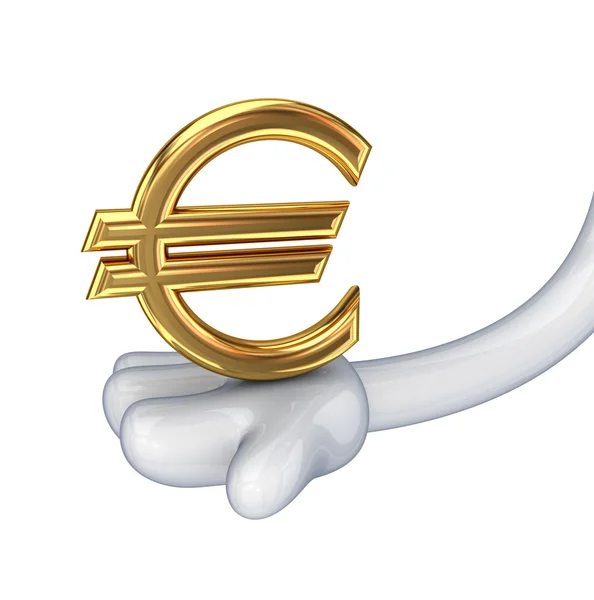 Golden euro sign in a white hand. — Stock Photo, Image