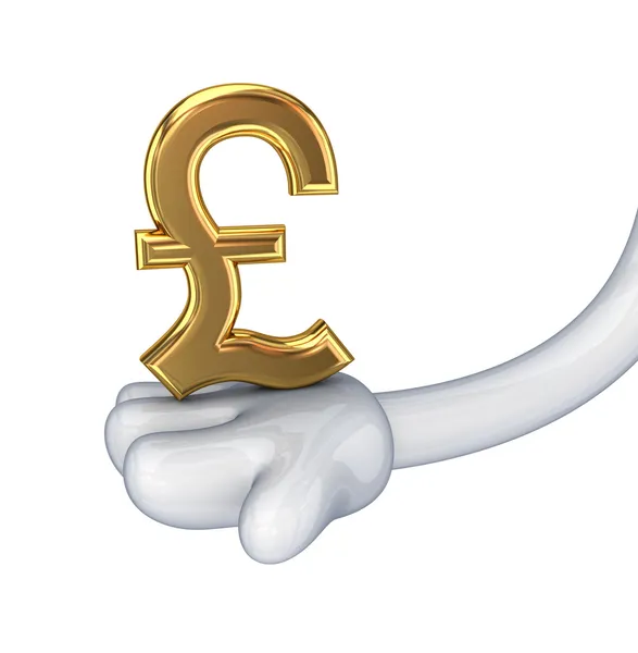 Golden pound sterling sign in a cartoon hand. — Stock Photo, Image