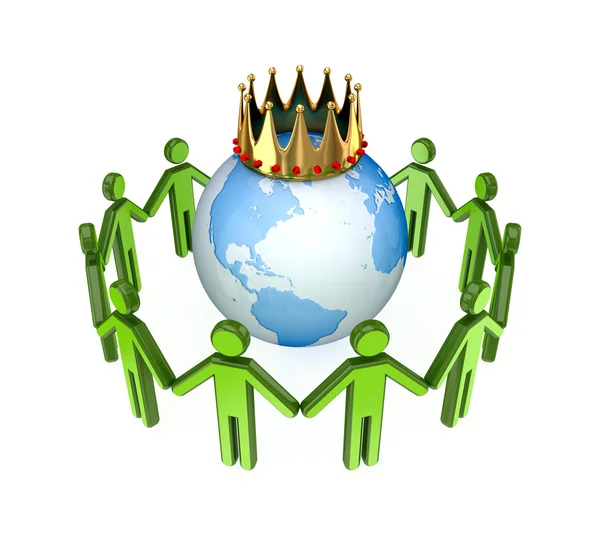 3d small standing around the globe with a golden crown. — Stock Photo, Image