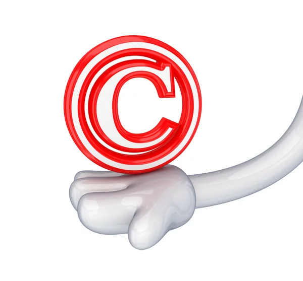 Símbolo de copyright rojo en una mano de dibujos animados . — Foto de Stock