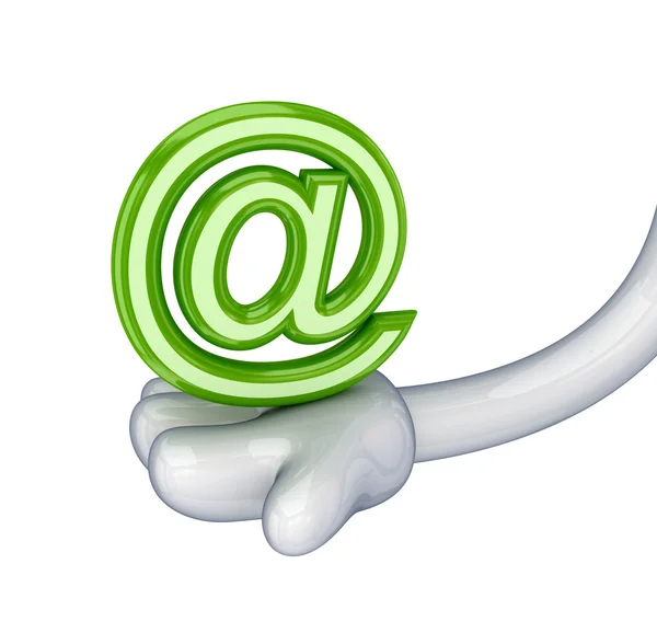 Grünes E-Mail-Zeichen auf einer Cartoon-Hand. — Stockfoto