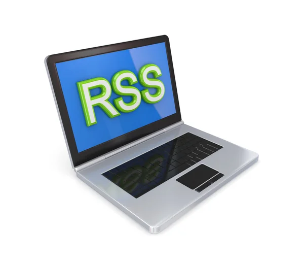 Moderne laptop met een groot woord rss op een scherm. — Stockfoto