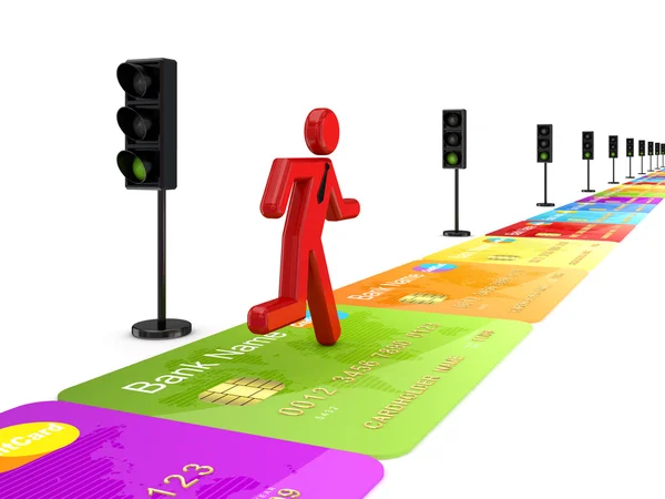 3D-kleine persoon die uitvoert op een weg gemaakt van credit card. — Stockfoto