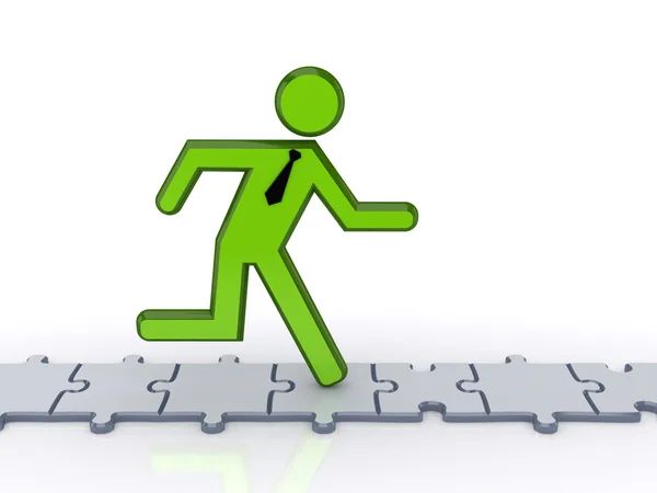 3d small person running on puzzles. — Stock Photo, Image