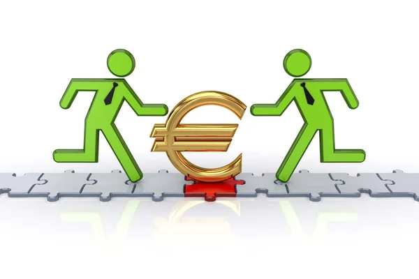 3d small running on puzzles and euro sign. — Stock Photo, Image