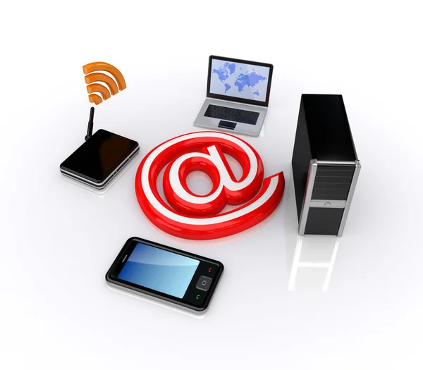Mobiele telefoon, laptop, router, pc en e-mail symbool. — Stockfoto