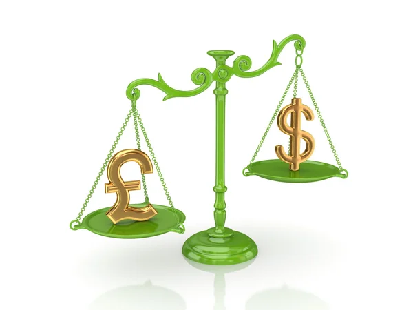 Dólar de ouro e libras esterlinas sinais em uma balança verde . — Fotografia de Stock