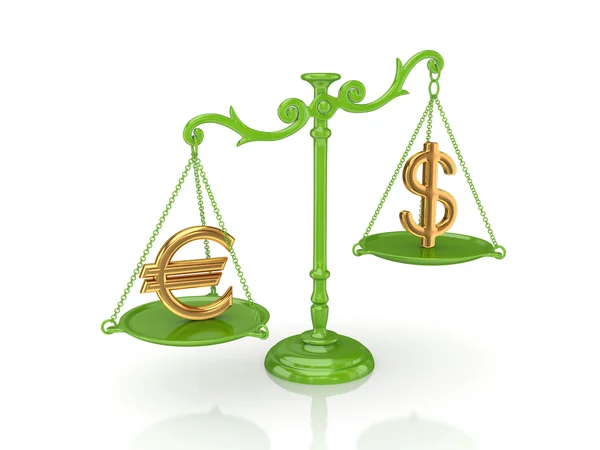 Golden dollar and euro signs on a green scales. — Stock Photo, Image