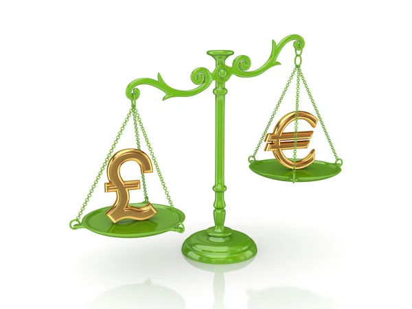 Golden euro and pound sterling signs on a green scales. — Stock Photo, Image