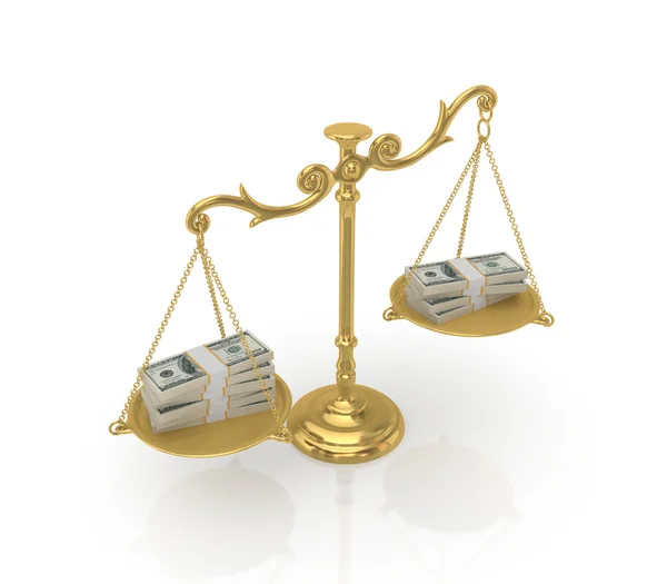 Money packs on a golden antique scales. — Stock Photo, Image