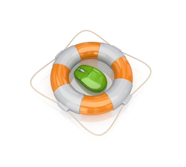 Green PC mouse in a lifebuoy. — Stock Photo, Image