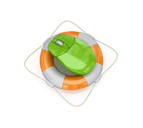 Green PC mouse in a lifebuoy. — Stock Photo, Image