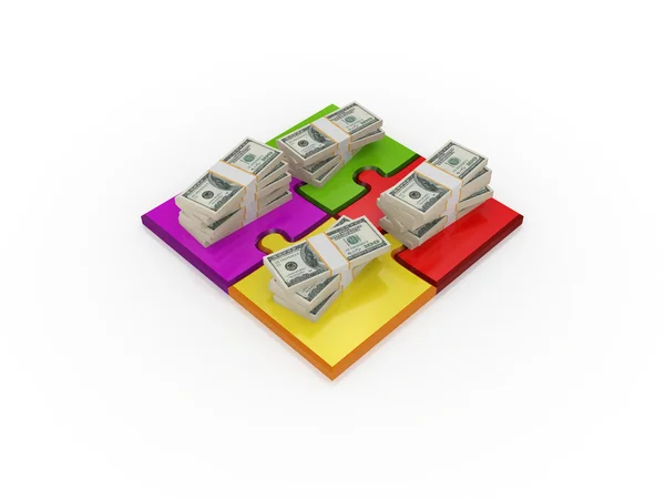 Puzzle colorati e pacchetti di dollari . — Foto Stock