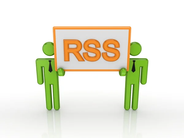 3D-kleine bedrijf in een grote bunner van hends met een woord rss. — Stockfoto