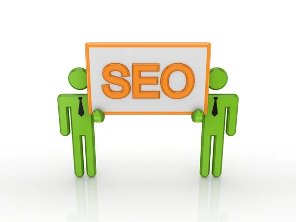 3d small holding in a hends big bunner with a word SEO. — Stock Photo, Image