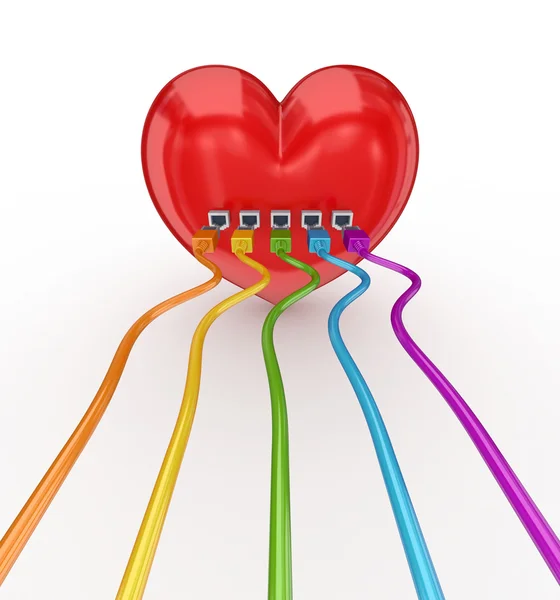Colorful patch cords connected to a red heart. — Stock Photo, Image