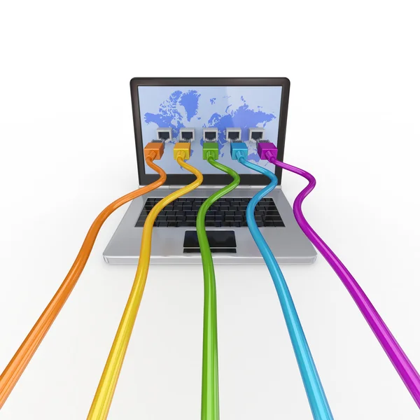 Coloridos cordones de conexión conectados a un portátil moderno . — Foto de Stock