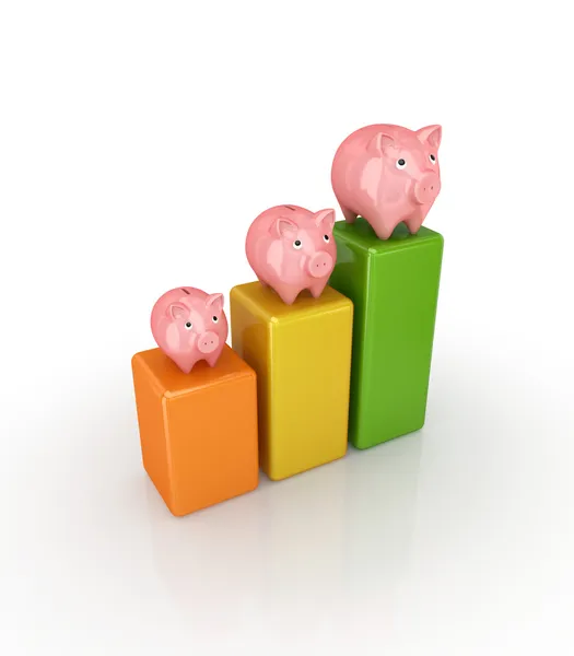 Pink piggybanks on a colorful graphs. — Stock Photo, Image