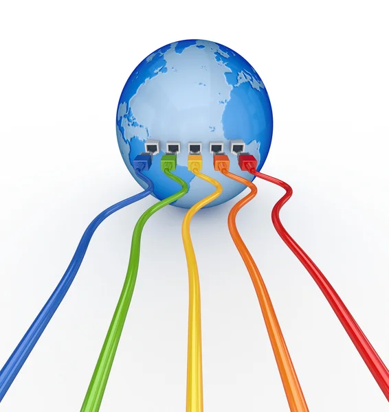 Colorful patc cords connected to a globe. — Stock Photo, Image