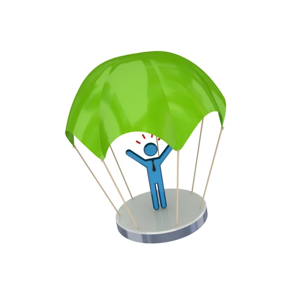 3d small person at green parachute. — Stock Photo, Image